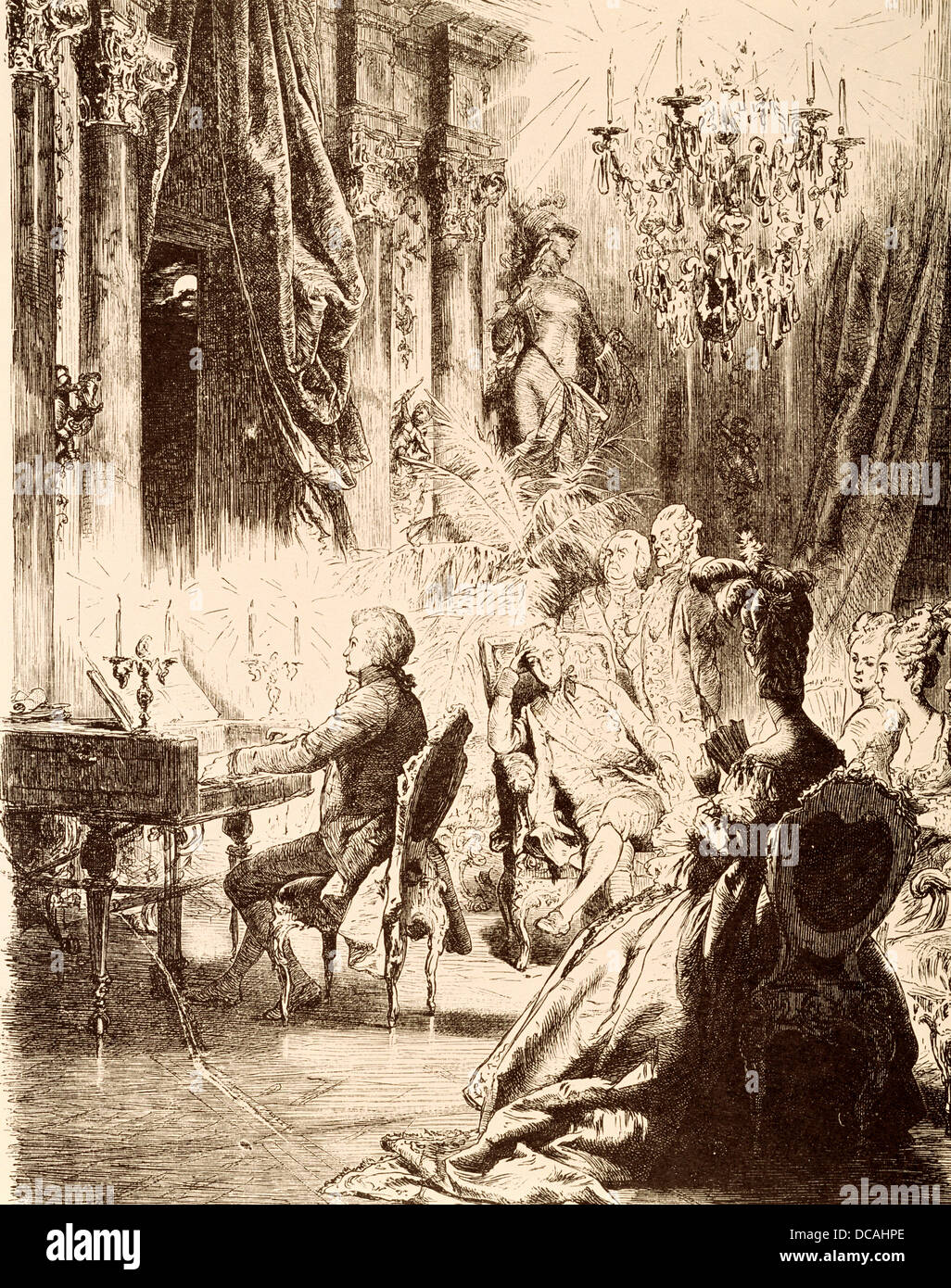 W.A. Mozart playing the piano before the Imperial Family Stock Photo