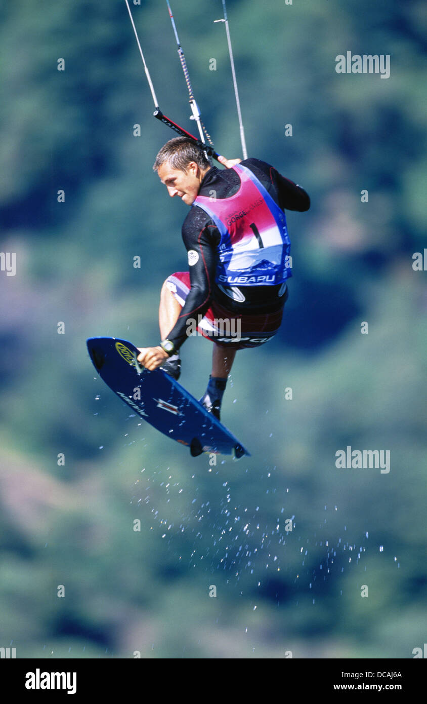 Kiteboarding on the Columbia River near Hood River, Oregon Stock Photo