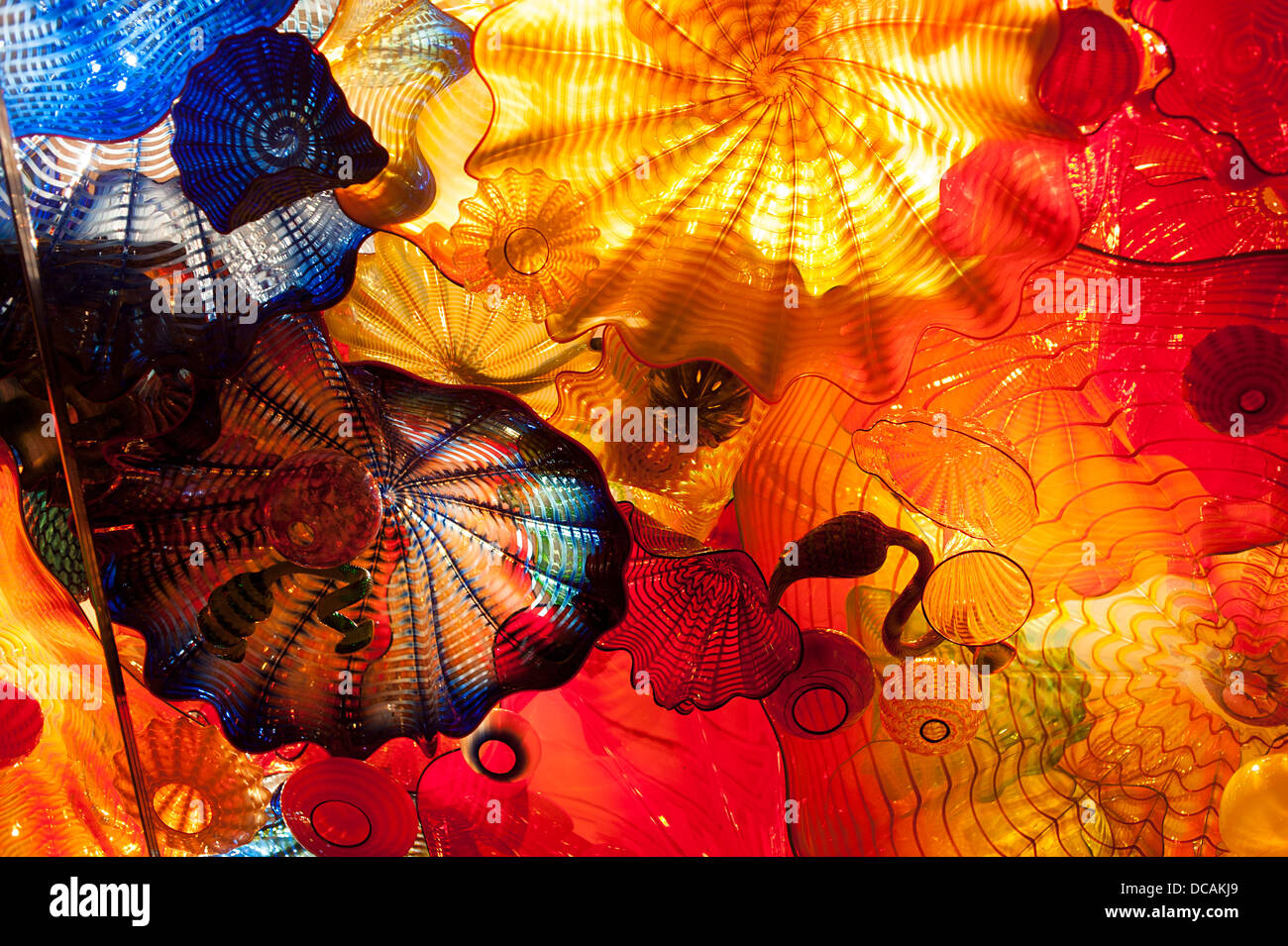 American glass sculptor Dale Chihuly exhibits his brilliant glass installations in the Montreal Museum of Fine Arts. Stock Photo