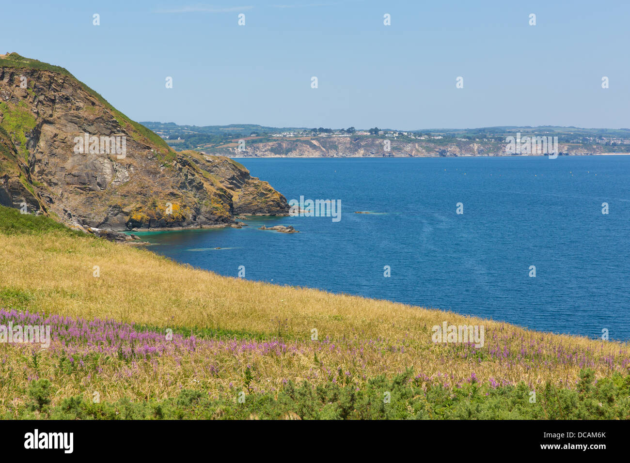 St Austell Bay Cornwall from Black Head headland near Trenarren between ...