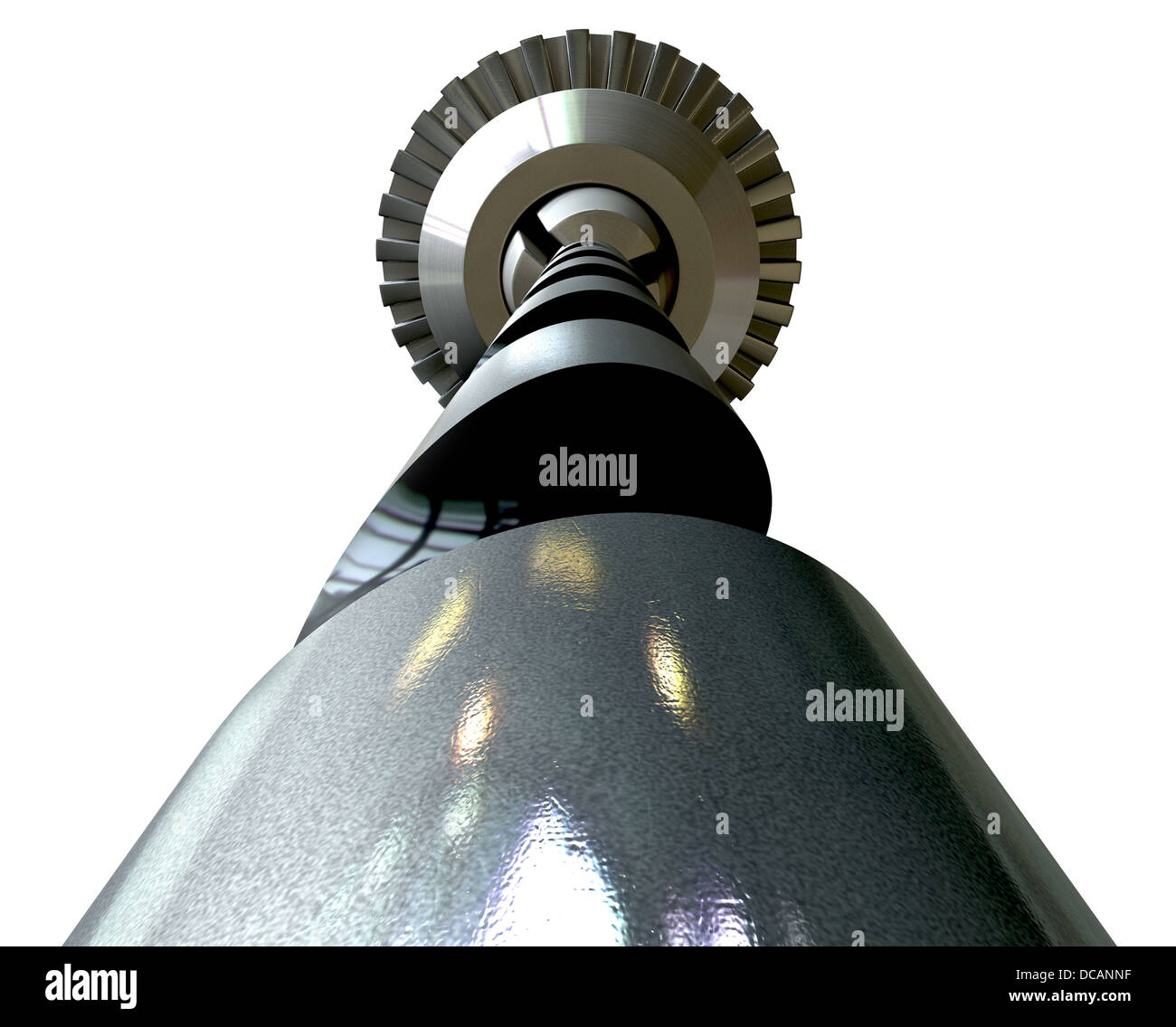 An extreme wide angle front perspective view of a metal drill chuck with a spiral drill bit attached to it on an isolated white Stock Photo