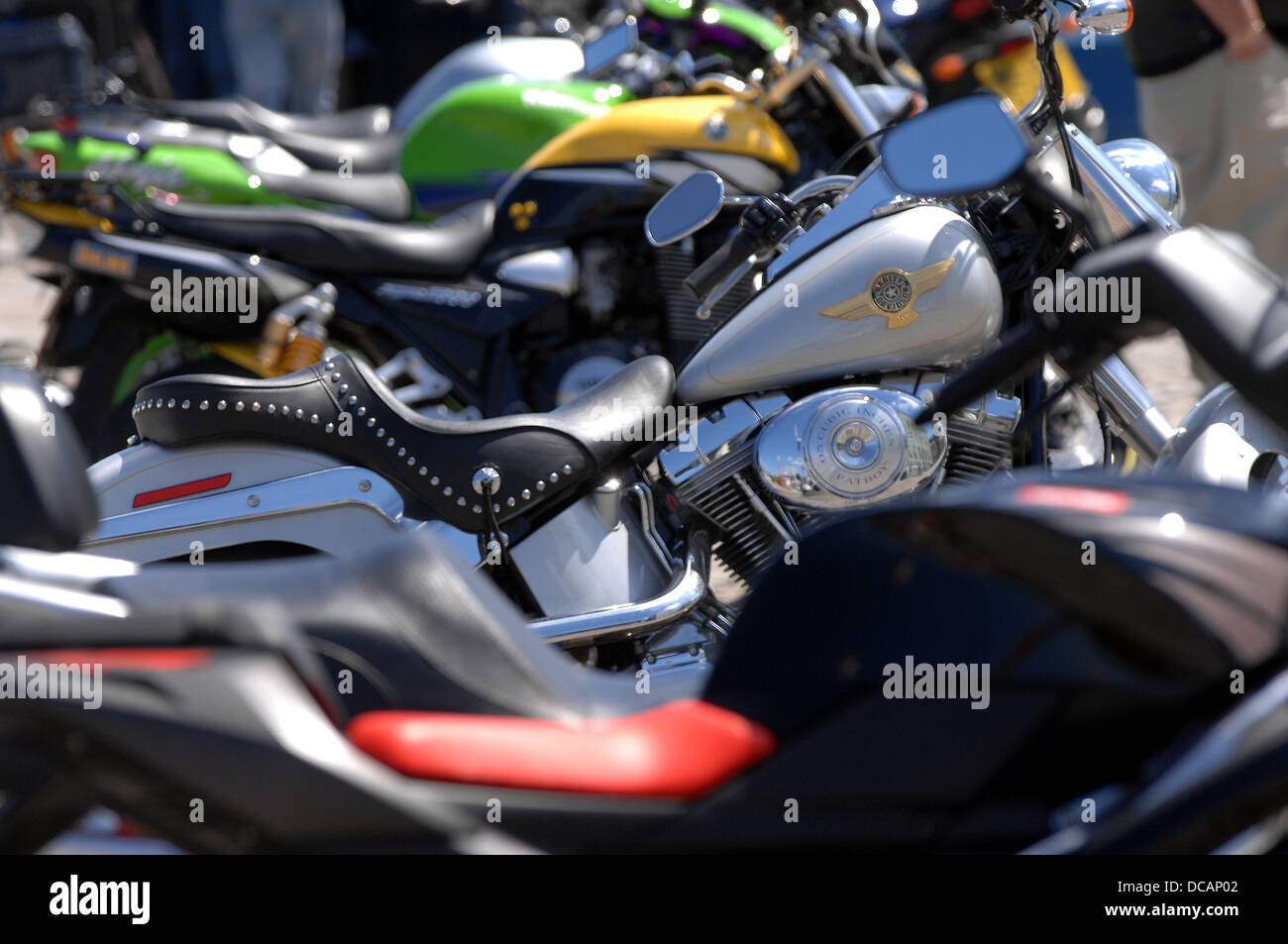 Motor cycles glimmer in the sunshine in Plymouth ,Devon Stock Photo