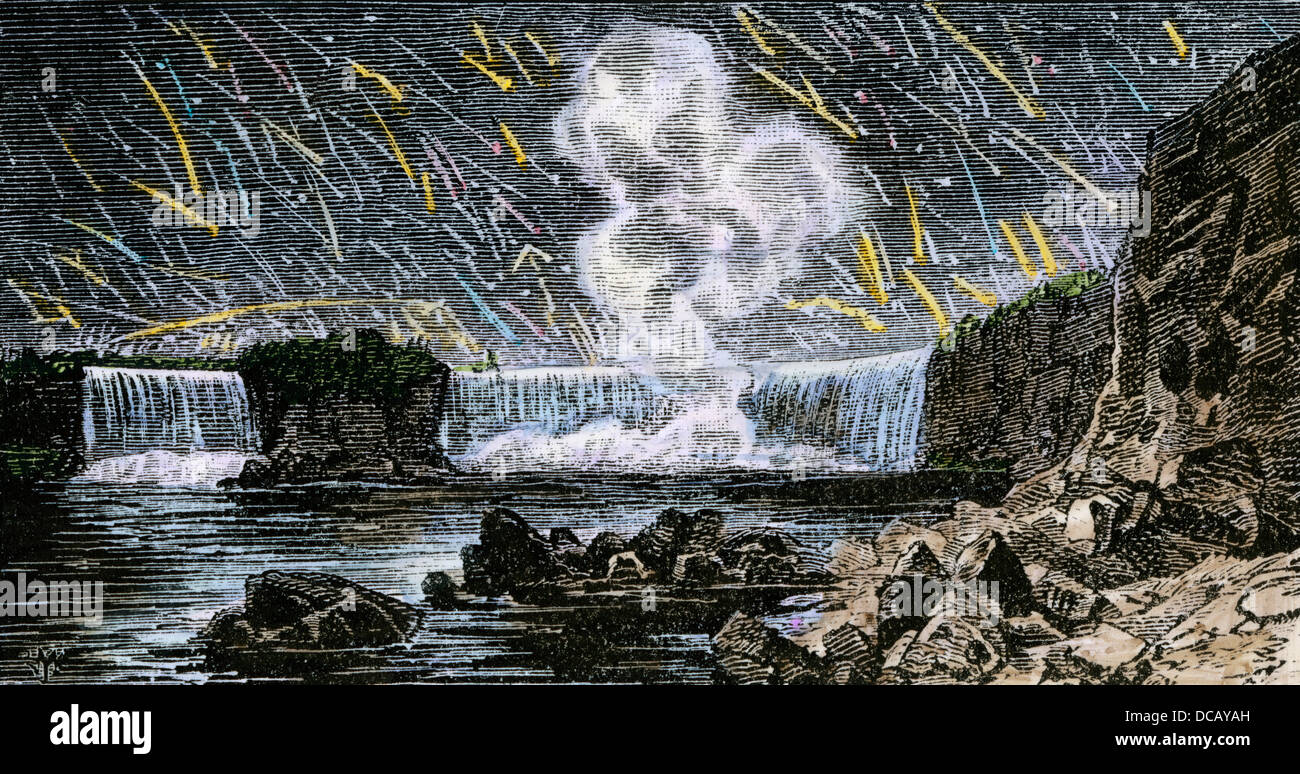 Intense meteor shower seen over Niagara Falls in 1833. Hand-colored woodcut Stock Photo