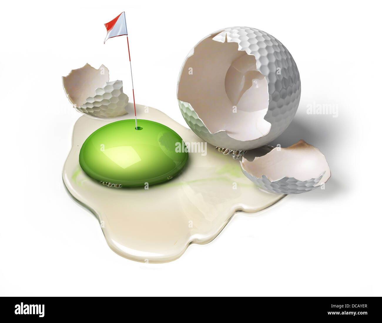 Golf ball as a broken egg with green yolk, representing the game field with hole and flag. Stock Photo