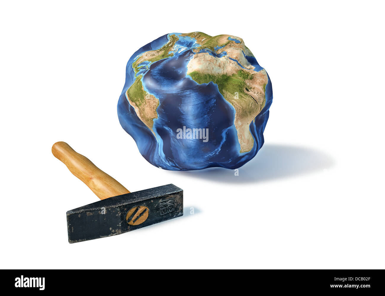 Smashed Earth Planet earth smashed by a hammer. On white surface, with drop shadow ...