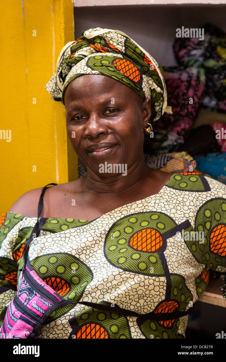 Senegalese Woman Vendor in the Handicrafts Market, Goree Island, Senegal. Diola (Jola) Ethnic Group. Stock Photo