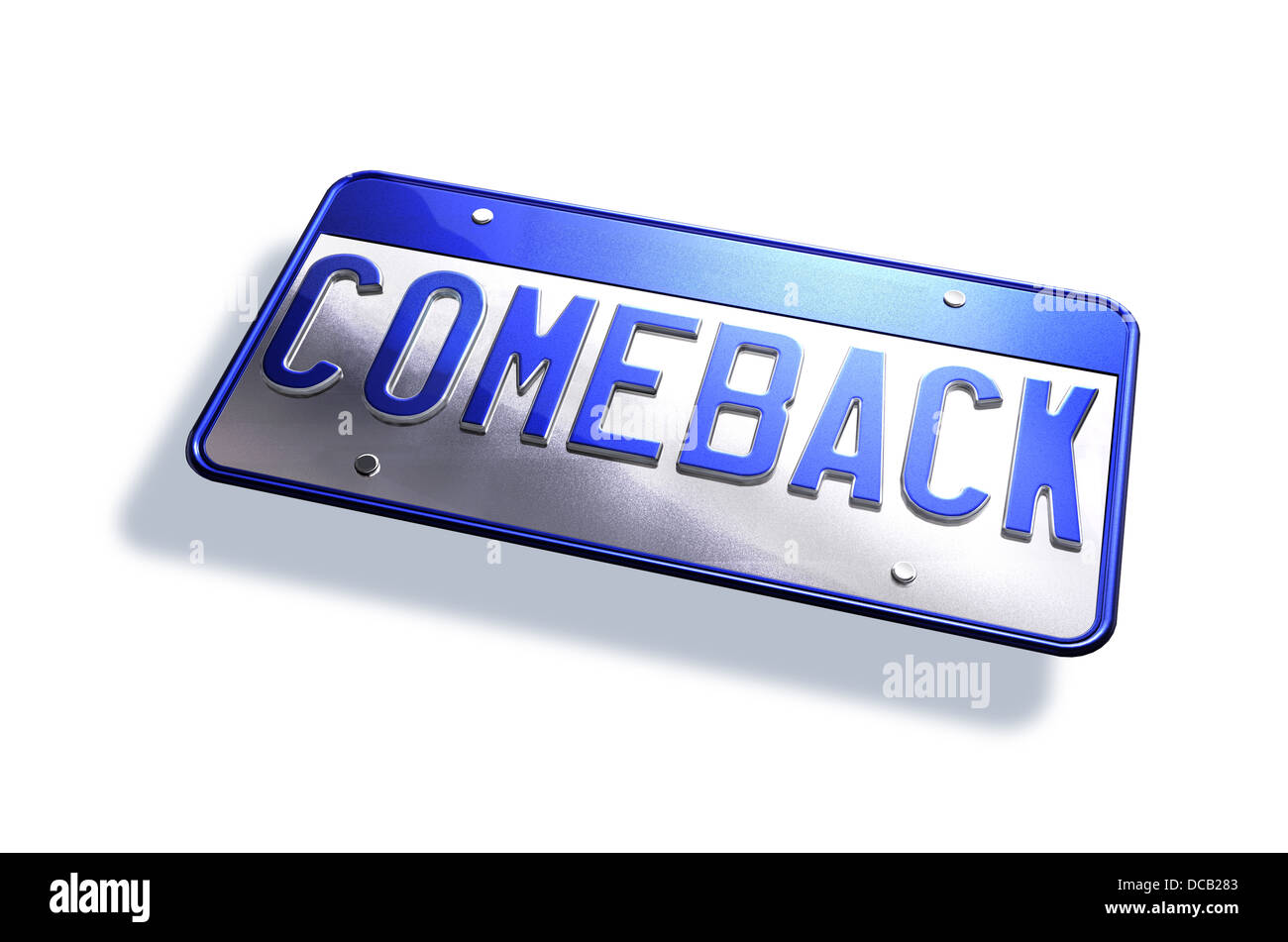 Car license plate, with the type 'comeback' on it. Isolated on white background, with drop shadow. Stock Photo