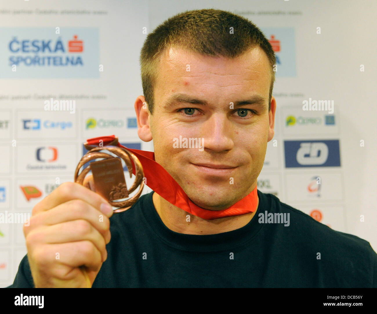 Czech Republic's Lukas Melich poses with his bronze medal for the men's hammer throw from the World Athletics Championships in Prague, Czech Republic, August 14, 2013. (CTK Photo/Stanislav Zbynek) Stock Photo