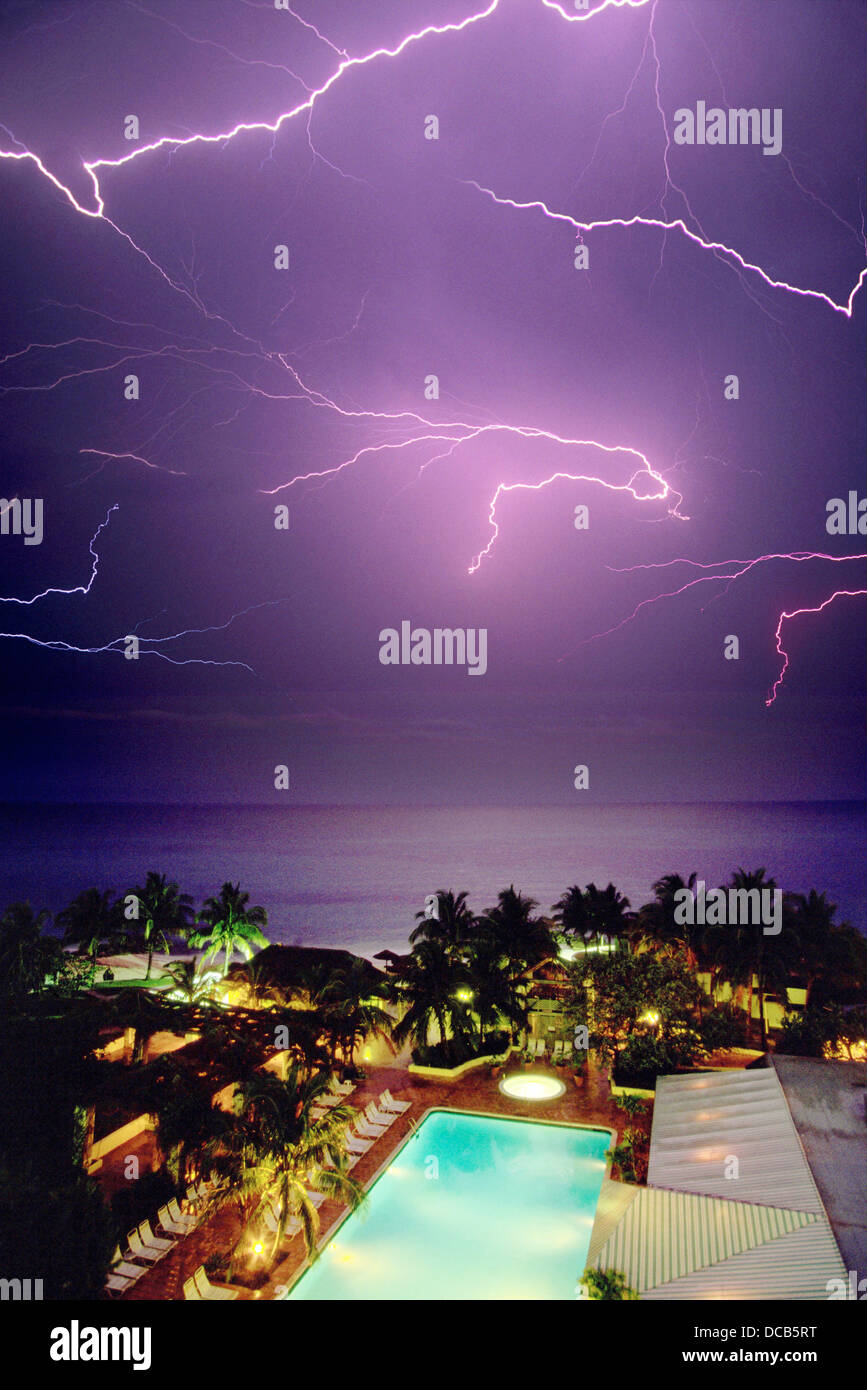Lightning strike over hotel swimming pool Stock Photo Alamy