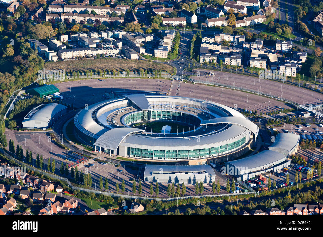 Aerial view of GCHQ Cheltenham, Gloucestershire UK - UK Government Communications Headquarters, known locally as the doughnut. Stock Photo