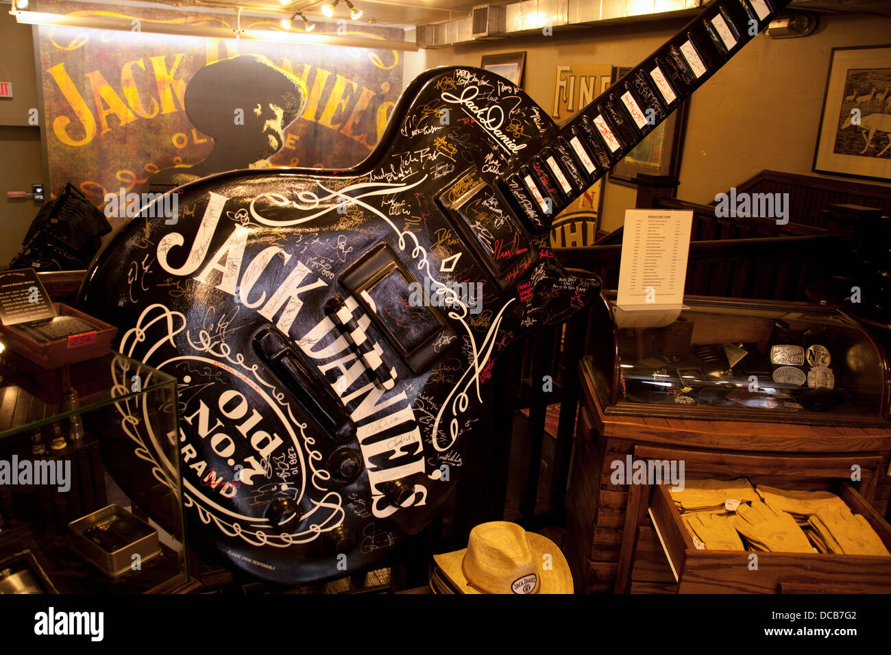 Guitar and other branded goods for sale at Jack Daniel's distillery Stock Photo ...