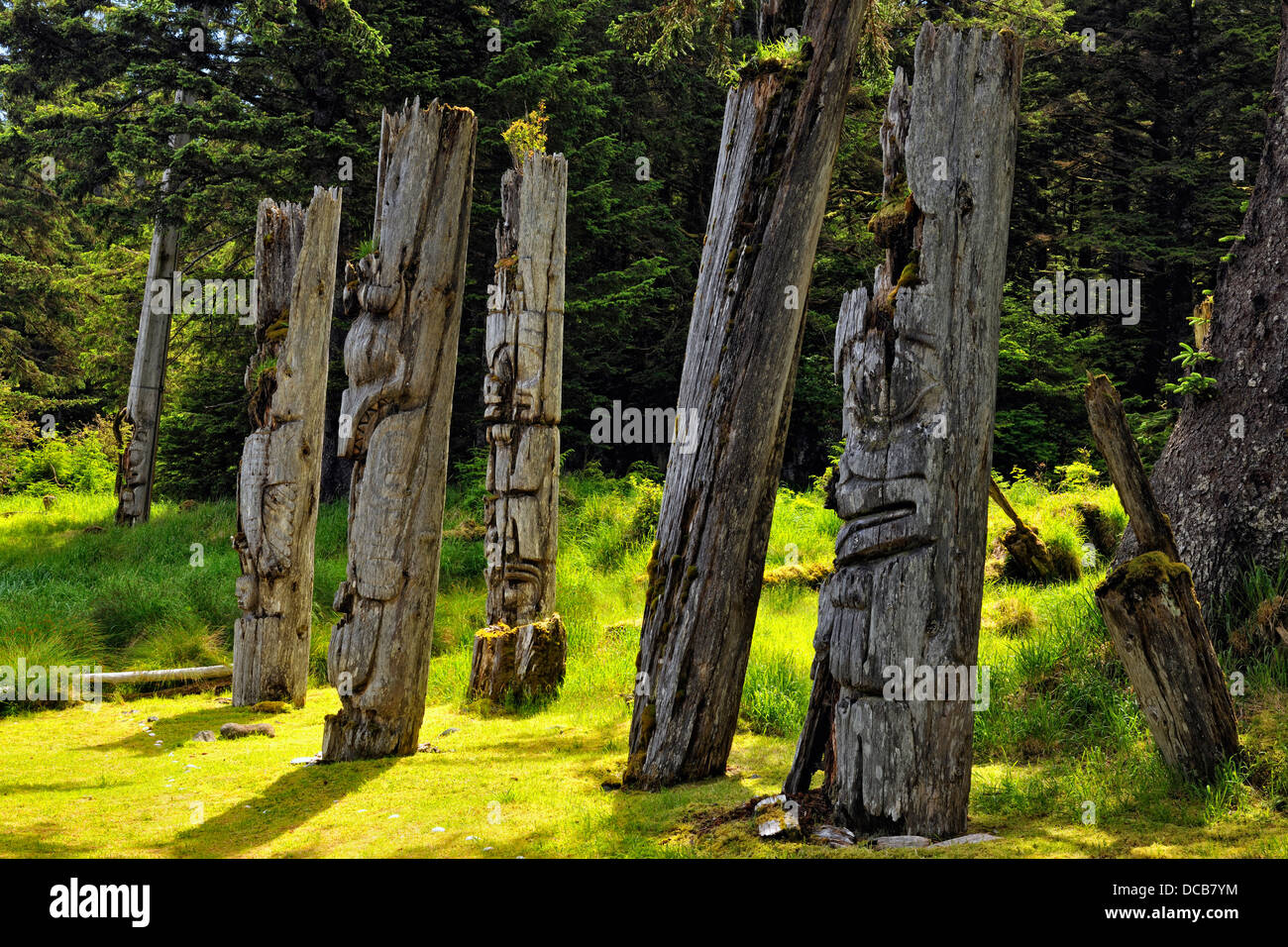 SGang Gwaay Island Gwaii Haanas National Park Mortuary Poles  Haida Gwaii Queen Charlotte Islands  British Columbia Canada Stock Photo