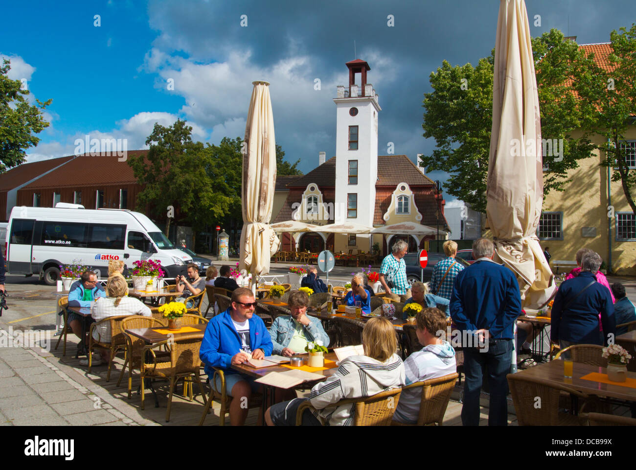 People eating on terrace Kuressaare town Saaremaa island Estonia northern Europe Stock Photo