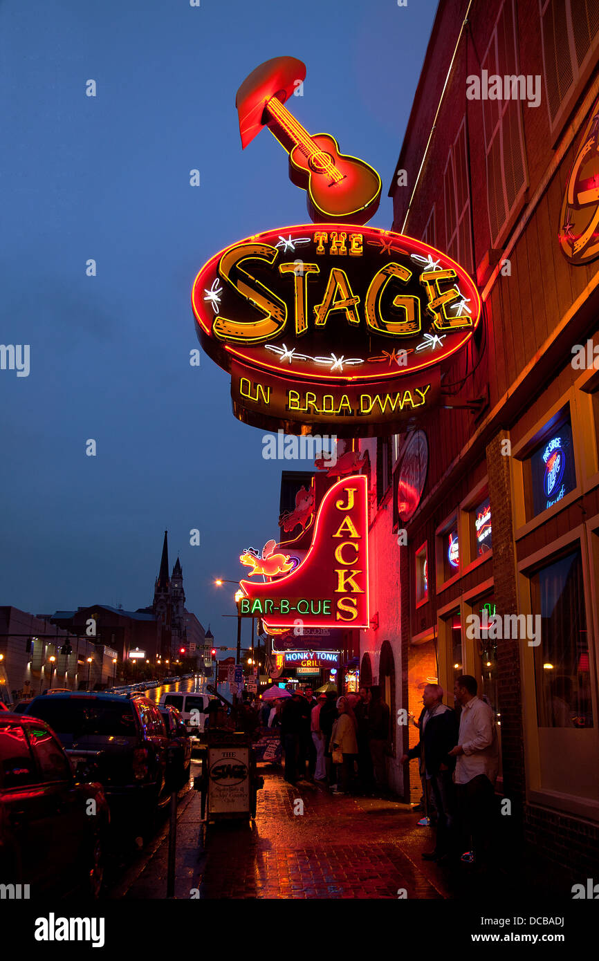 Neon bar signs at night on Main Street in Nashville Tennessee Stock
