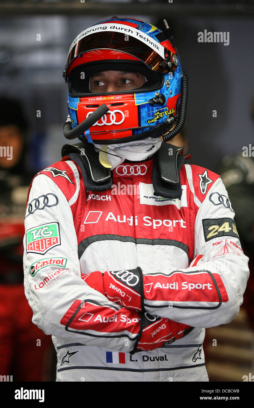 The winning Audi R18 e-tron quattro driver Loic Duval, Le Mans 24 Hours, 2013 Stock Photo