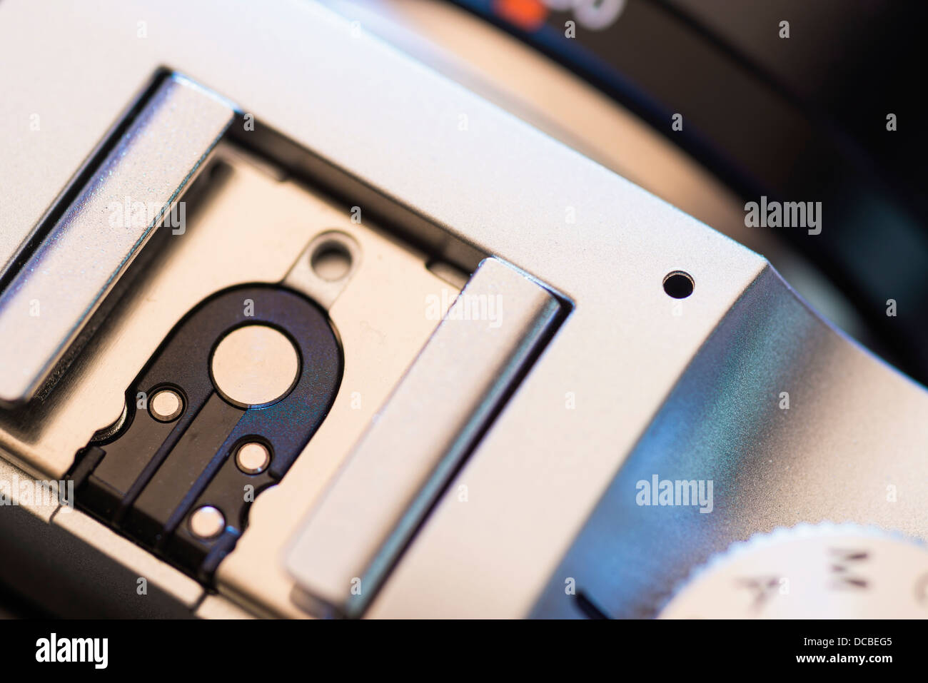 Macro close up photograph of camera speedlight hot shoe to connect ...