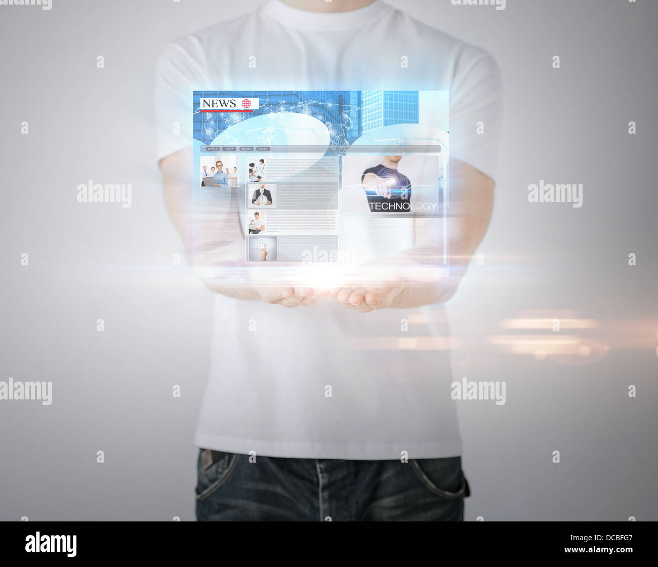 man with virtual screen and news Stock Photo