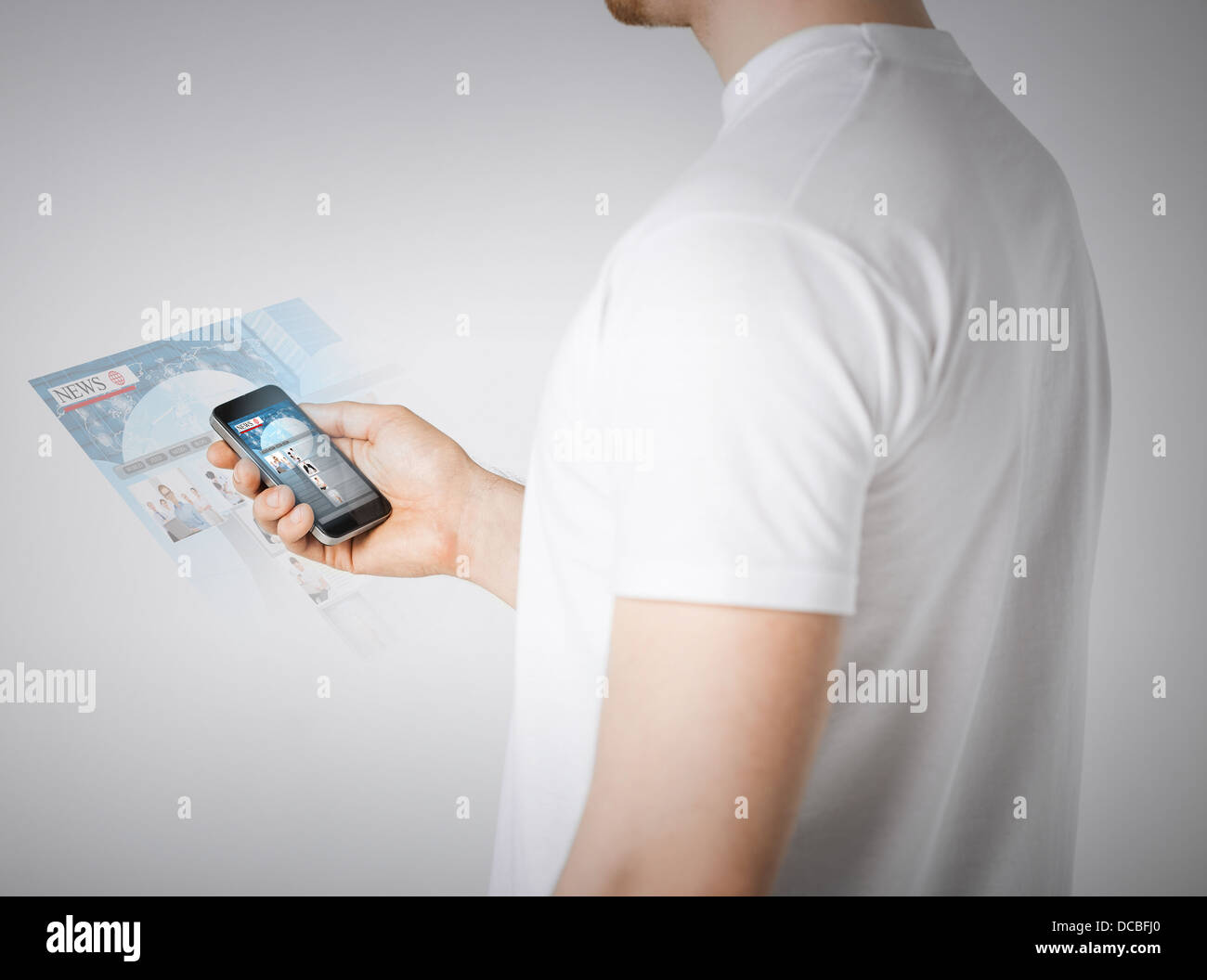 man with smartphone reading news Stock Photo