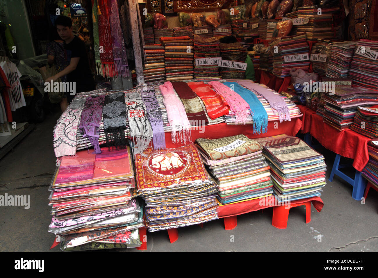 Silks display on stall in Thai silk shop in Chatuchak Weekend Market