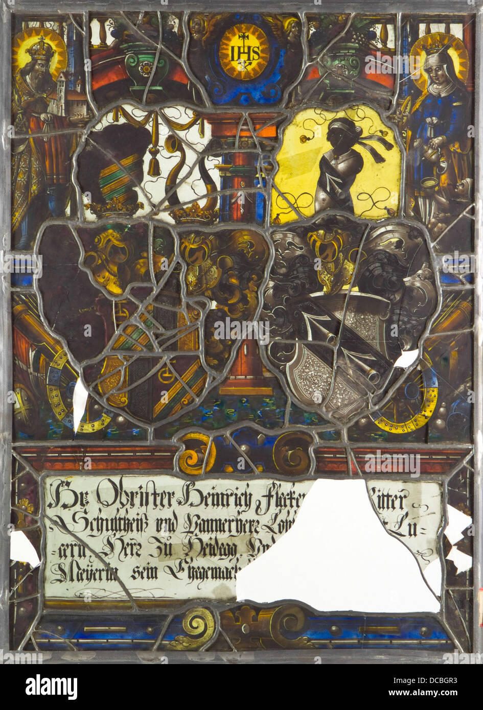 This heraldic panel, part of LACMA's collection, showcases the coats of arms of Schumacher and Petermann, representing family lineage and historical identity. Stock Photo