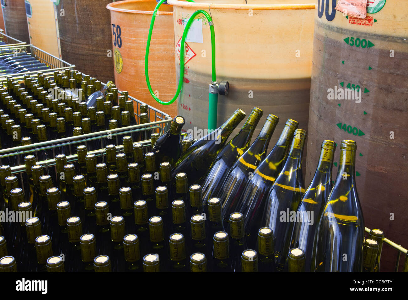 Unlabeled bottles at Gitton Pere et Fils in Sancerre. Stock Photo