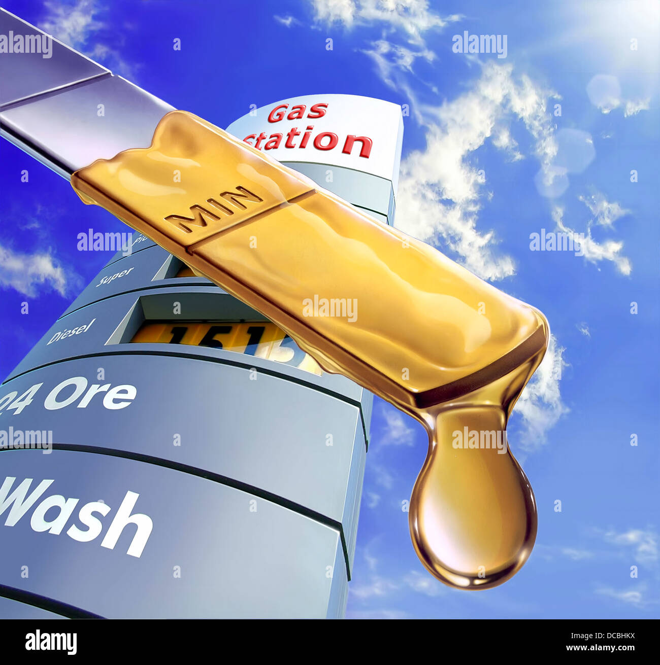 Close up of an engine dipstick, with an oil drop at the edge of it