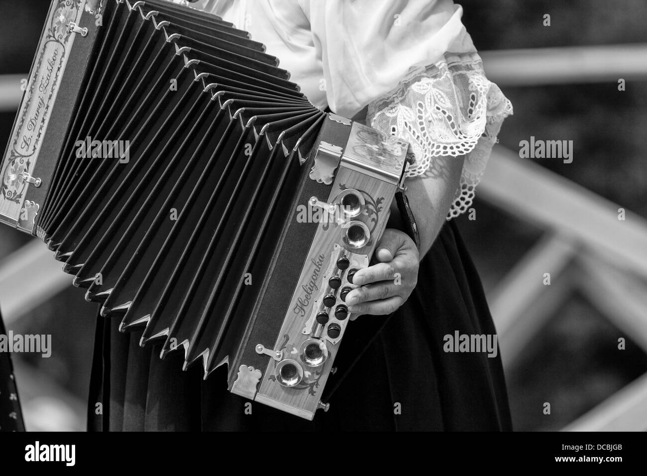 Woman hands playing on accordion Stock Photo
