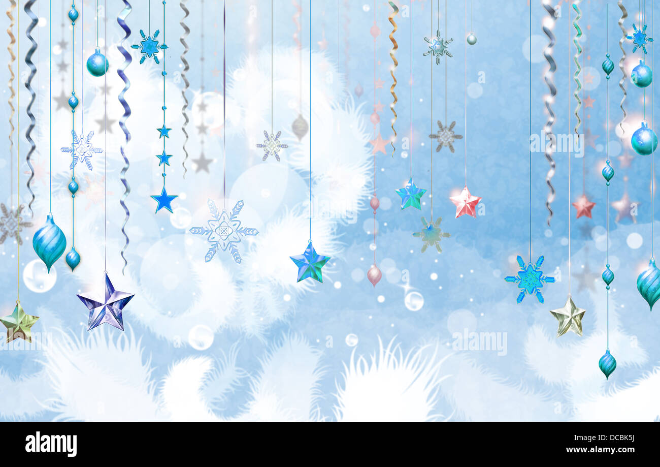 Christmas abstract background with several decorations hanging down in foreground.Light blue dominant color. Some place for text Stock Photo