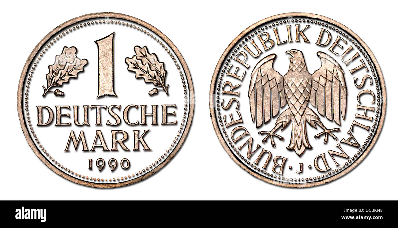 German 1 Deutschmark coin from 1990 - details digitally cut-out, drop shadow Stock Photo