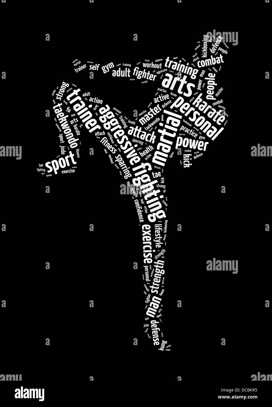 Words illustration of a man doing martial arts training in black background Stock Photo