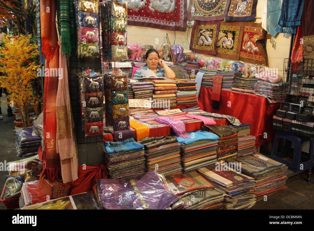 Thai silk shop in Chatuchak Weekend Market , Bangkok , Thailand Stock Photo