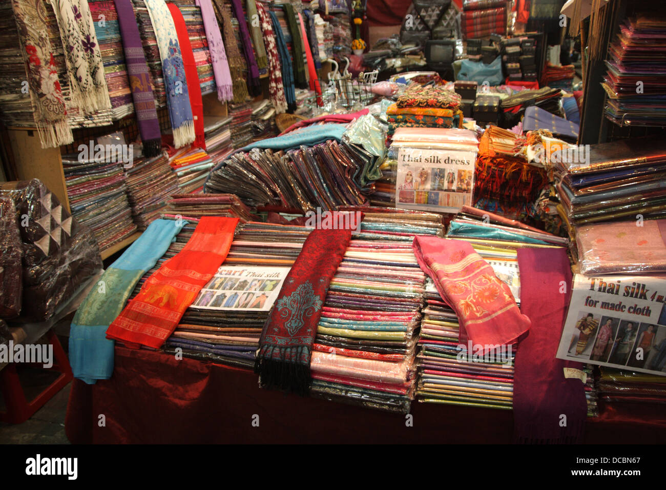 Silk stall in Thai silk shop , Chatuchak Weekend Market , Bangkok