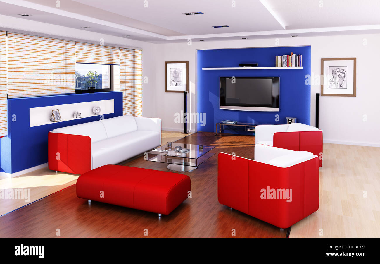 Living room modern style. With red and white chairs and sofa Stock