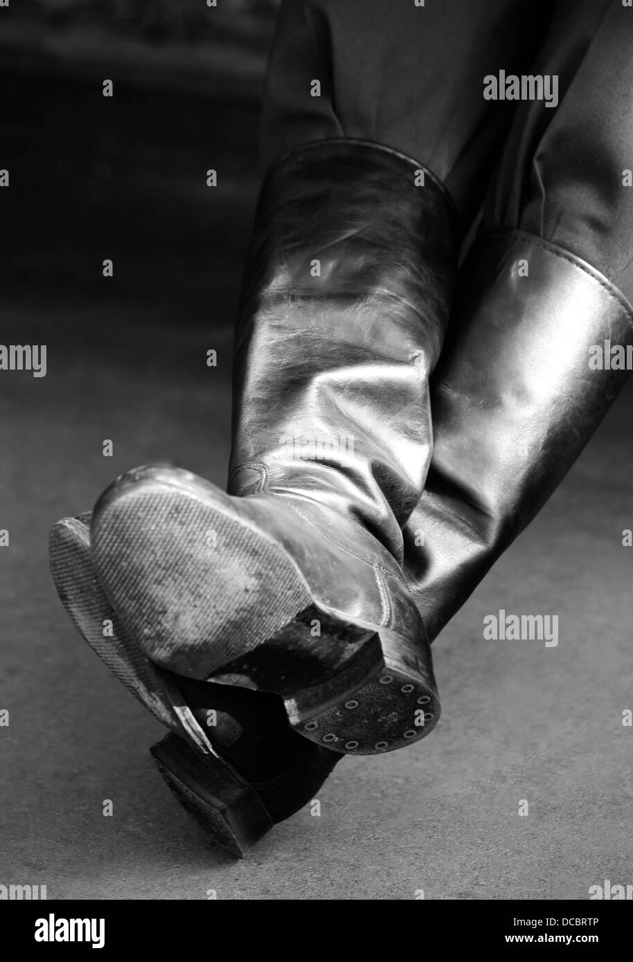 Army style black leather boots Stock Photo Alamy