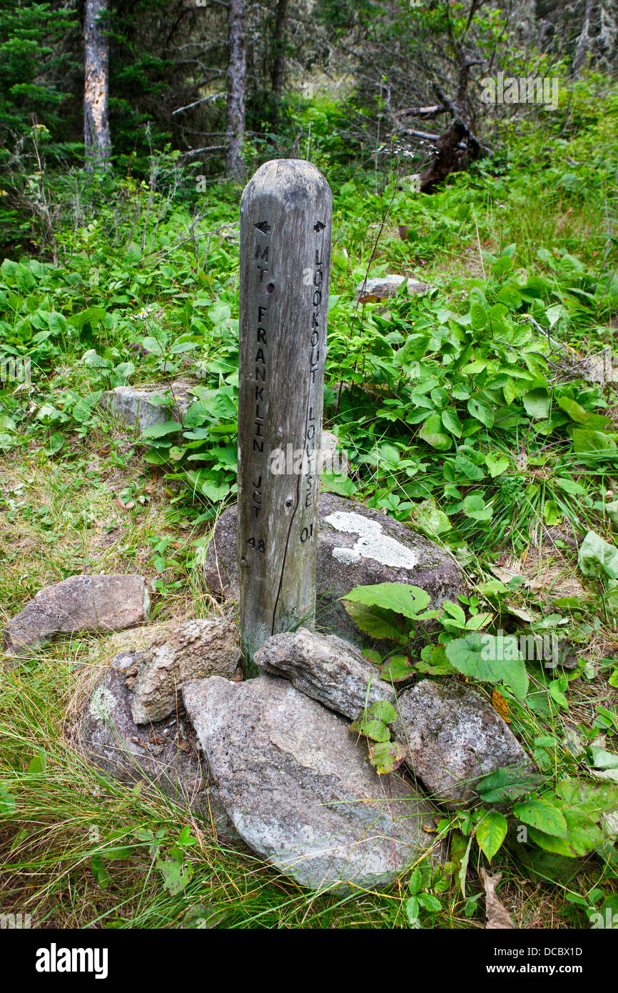 Trail marker for Mt. Franklin and Lookout Louise, Greenstone Ridge Trail, Isle Royale National Park, Michigan, United States of Stock Photo