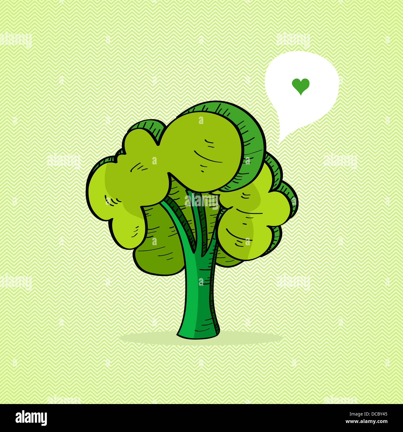 Sketch style green tree, love social media bubble. Vector file layered