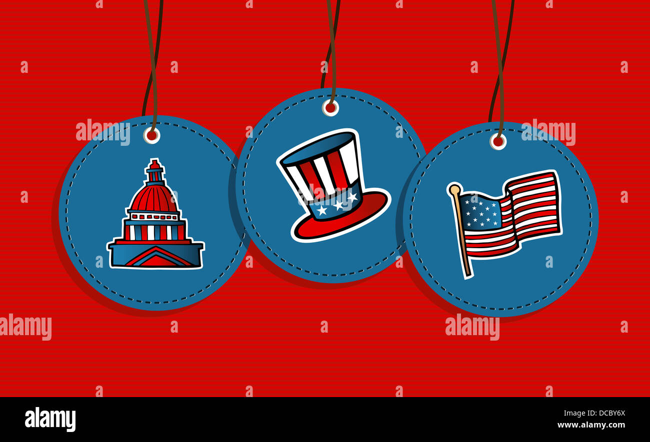 USA patriotic icons flag, congress, hat hang tags illustration set. Vector file layered for easy manipulation and custom coloring. Stock Photo