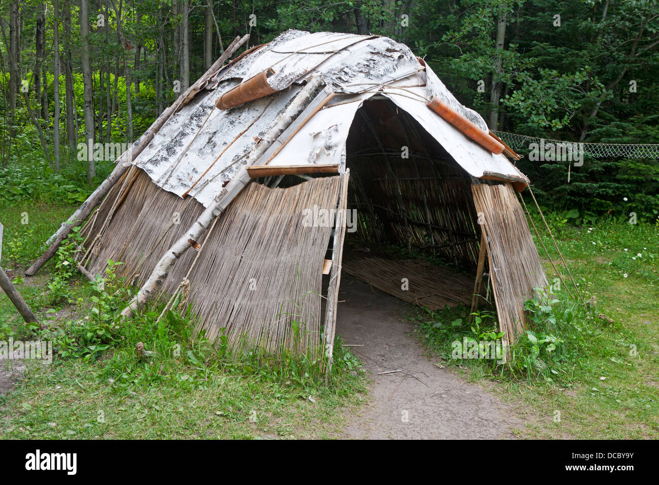 Wigwam shelter with birch bark paneling, Grand Portage National Monument, Grand Portage, Minnesota, United States of America Stock Photo