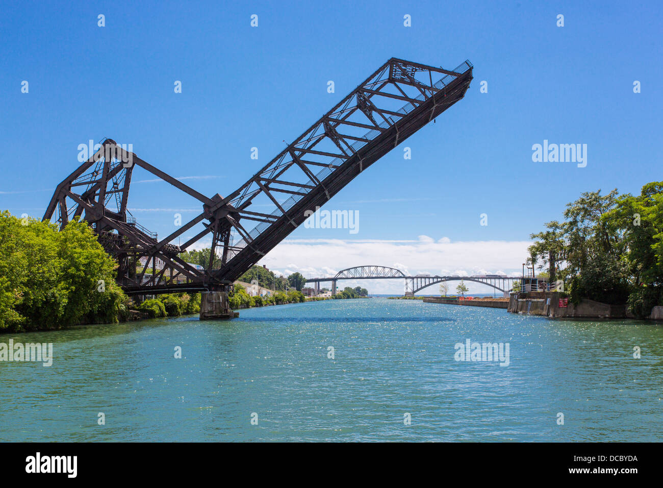 West Ferry Street bridge over Black Rock Canal to Bird Island in Buffalo New York United States with Peace Bridge in background Stock Photo