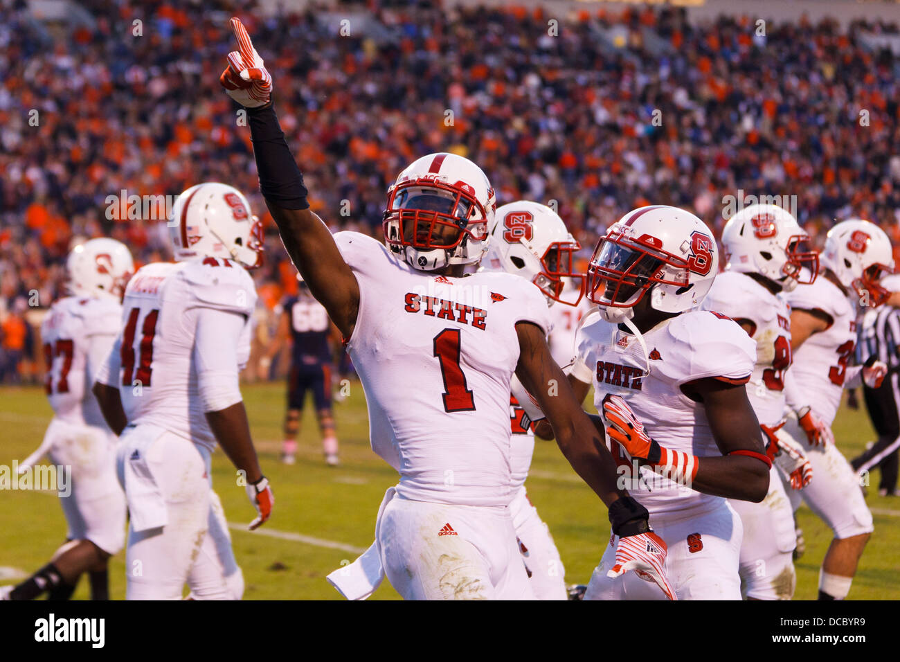 North Carolina State Wolfpack cornerback David Amerson (1) celebrates after returning an interception for a touchdown against th Stock Photo