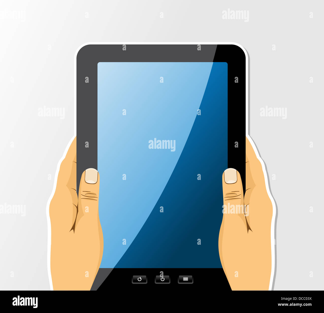 Trendy Pair of Hands with a Tablet on them, design. Vector file layered for easy manipulation and custom coloring. Stock Photo