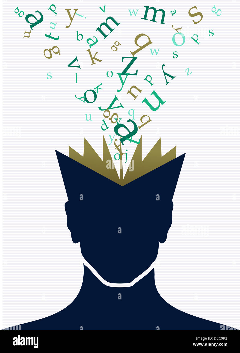 Vintage human head open book words splash illustration. Vector file layered for easy manipulation and custom coloring. Stock Photo