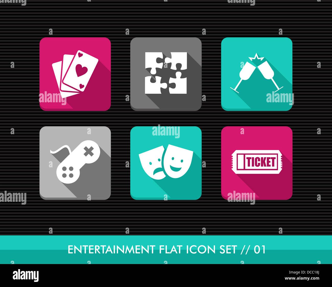 Colorful leisure entertainment flat icon set, online game playing date reservation. Vector file layered for easy editing. Stock Photo