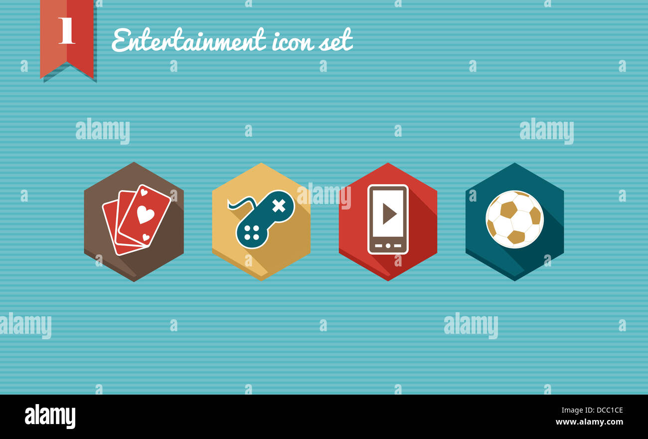 Colorful leisure entertainment flat icon set, online playing smart phone apps. Vector file layered for easy editing. Stock Photo