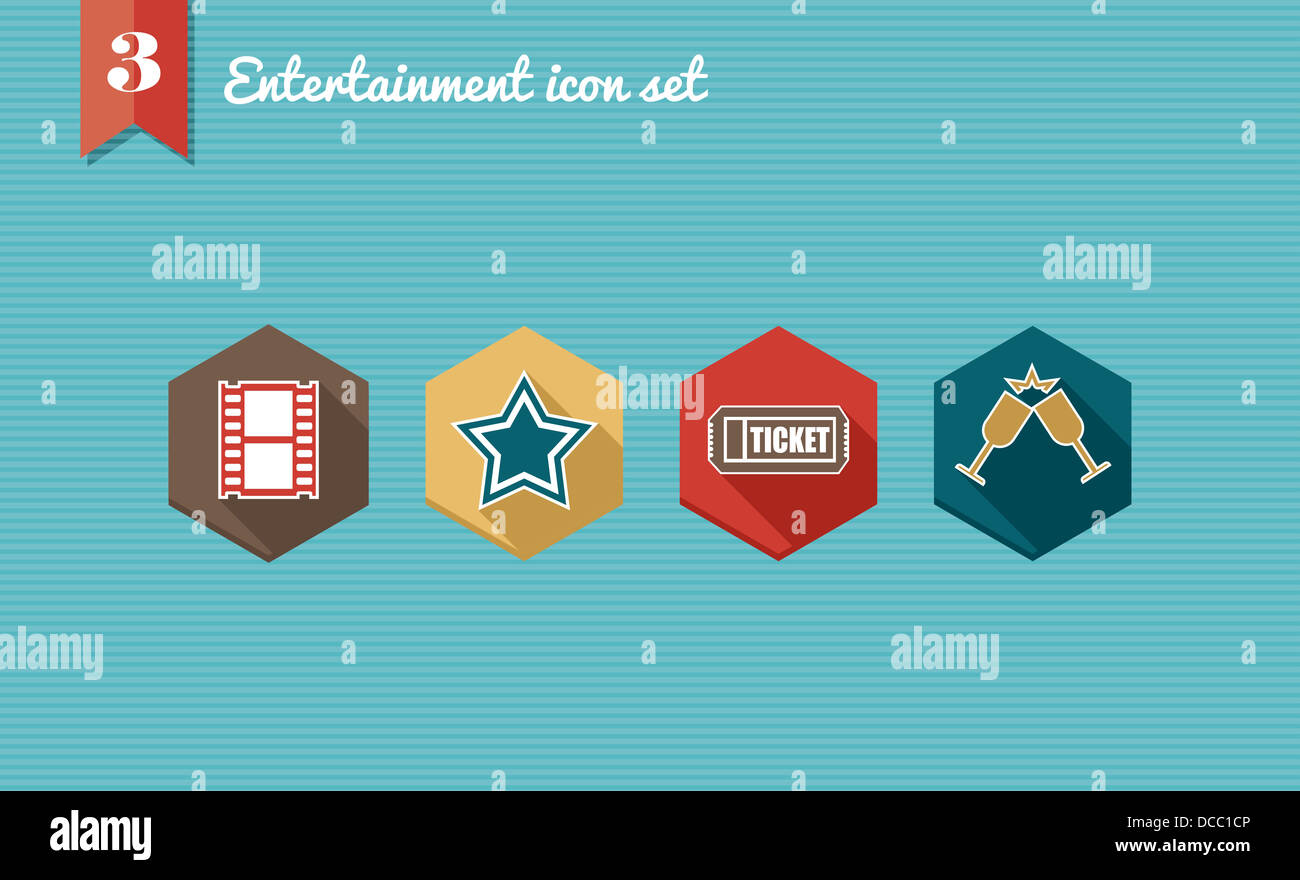 Colorful entertainment flat icon set: mobile leisure app elements. Vector file layered for easy editing. Stock Photo