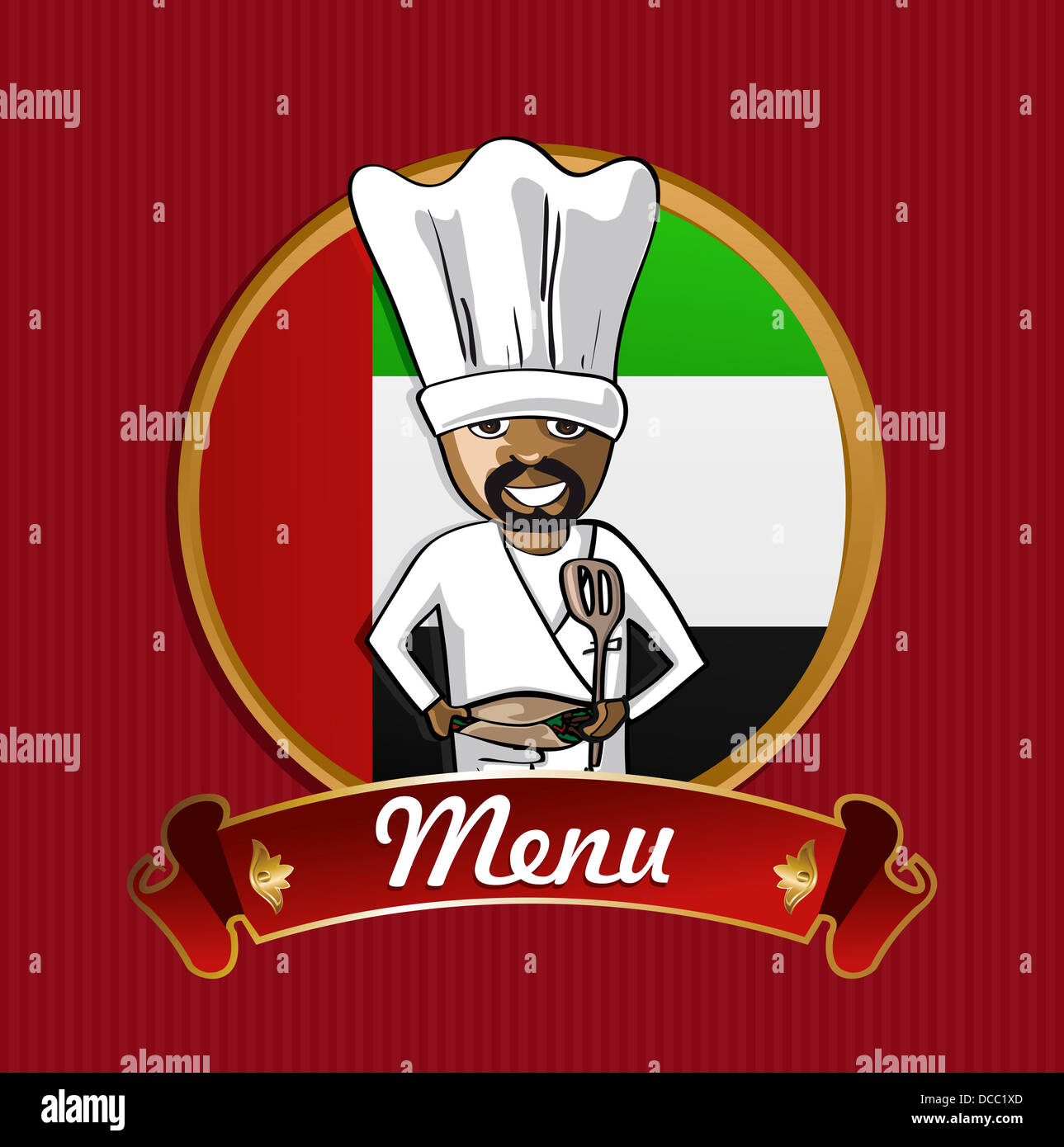 Arabian cook typical food menu label over Arab emirates flag background ...