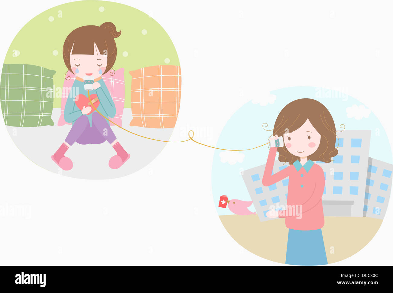 illustration of daughter and mother talking through paper cup phone ...