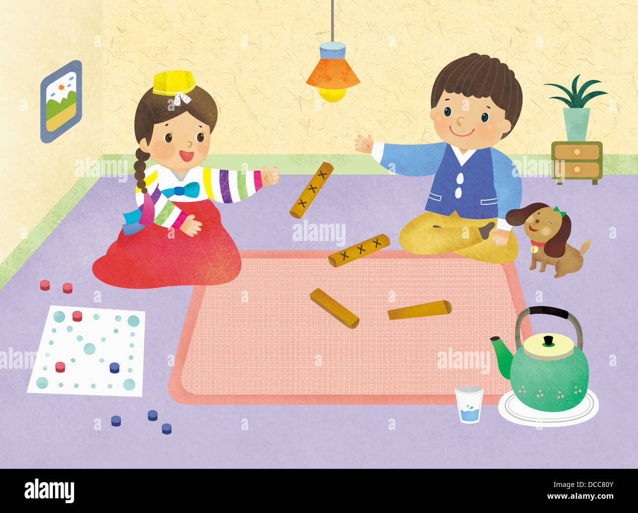 illustration of a couple wearing Korean traditional costume playing Korean game Stock Photo