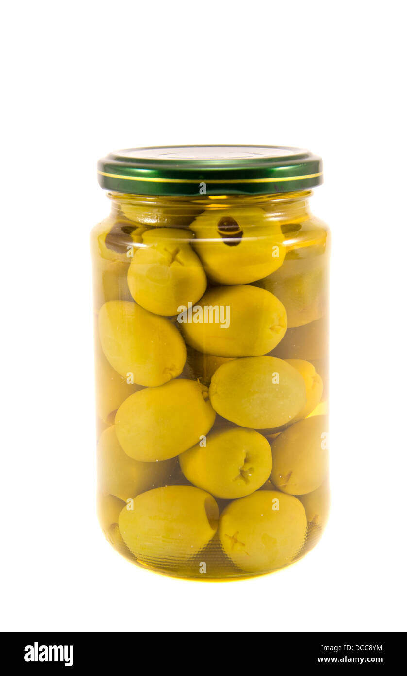 Green canned olives isolated on white background Stock Photo Alamy