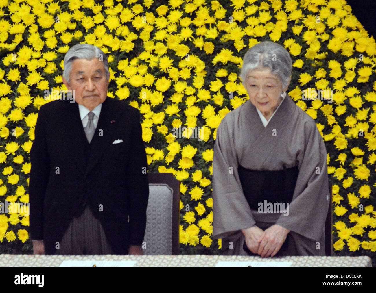Tokyo, Japan. 15th Aug, 2013. Emperor Akihito and Empress Michiko attend a ceremony in Tokyo marking the 68th anniversary of Japan's surrender in World War II on Thursday, August 15, 2013. Credit:  Kaku Kurita/AFLO/Alamy Live News Stock Photo